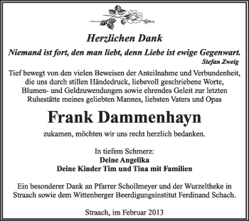 Traueranzeige von Frank Dammenhayn von WVG - Wochenspiegel Wittenberg