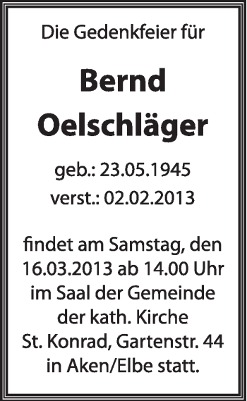 Traueranzeige von Bernd Oelschläger von Super Sonntag Dessau / Köthen