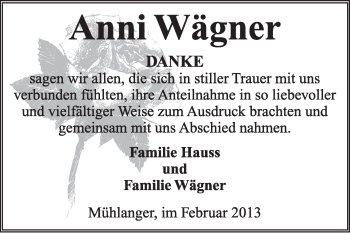 Traueranzeige von Anni Wägner von WVG - Wochenspiegel Wittenberg