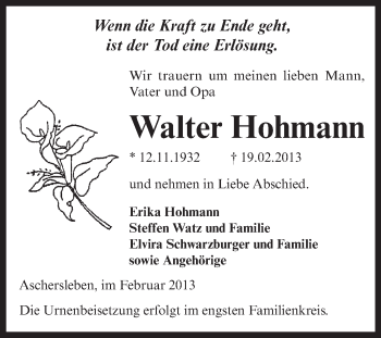 Traueranzeige von Walter Hohmann von WVG - Wochenspiegel Aschersleben