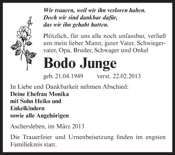 Traueranzeige von Bodo Junge von Super Sonntag Aschersleben
