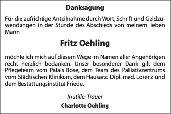 Traueranzeige von Fritz Oehling von Super Sonntag Dessau / Köthen