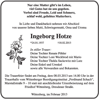 Traueranzeige von Ingeborg Hotze von WVG - Wochenspiegel Wittenberg