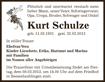 Traueranzeige von Kurt Schulze von Super Sonntag Bernburg