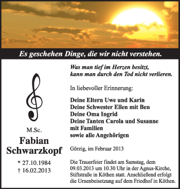 Traueranzeige von Fabian Schwarzkopf von Super Sonntag Dessau / Köthen