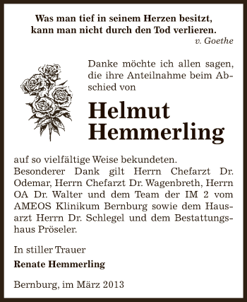 Traueranzeige von Helmut Hemmerling von Super Sonntag Bernburg