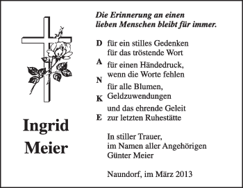 Traueranzeige von Ingrid Meier von WVG - Wochenspiegel Wittenberg