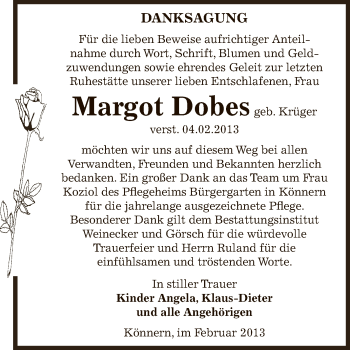Traueranzeige von Margot Dobes von Super Sonntag Bernburg