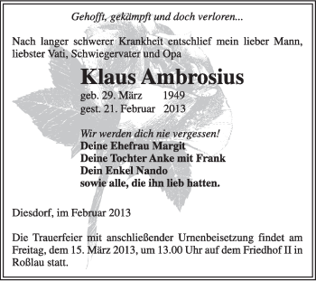 Traueranzeige von Klaus Ambrosius von Super Sonntag Dessau / Köthen
