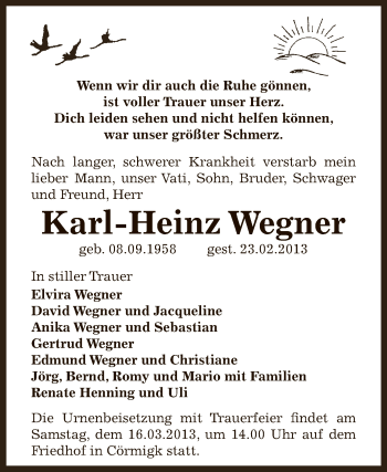 Traueranzeige von Karl-Heinz Wegner von Super Sonntag Bernburg