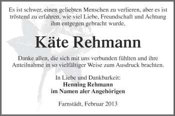 Traueranzeige von Käte Rehmann von Super Sonntag Merseburg