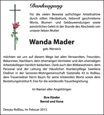 Traueranzeige von Wanda Mader von Super Sonntag Dessau / Köthen