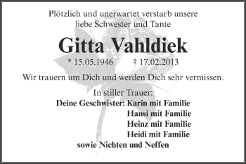 Traueranzeige von Gitta Vahldiek von Super Sonntag Aschersleben