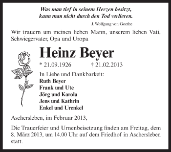 Traueranzeige von Heinz Beyer von Super Sonntag Aschersleben