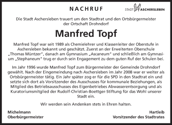 Traueranzeige von Manfred Topf von Super Sonntag Aschersleben