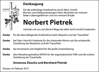 Traueranzeige von Norbert Pietrek von Super Sonntag Dessau / Köthen