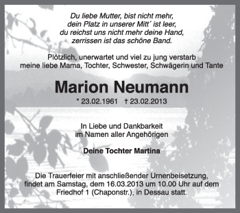 Traueranzeige von Marion Neumann von Super Sonntag Dessau / Köthen