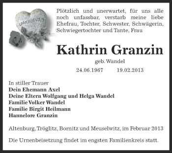 Traueranzeige von Kathrin Granzin von Super Sonntag Zeitz