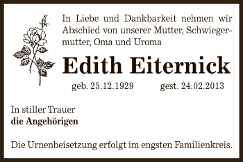 Traueranzeige von Edith Eiternick von Super Sonntag Bernburg