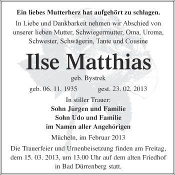 Traueranzeige von Ilse Matthias von WVG - Wochenspiegel Merseburg