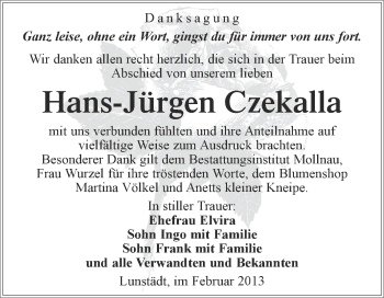 Traueranzeige von Hans-Jürgen Czekalla von WVG - Wochenspiegel Merseburg