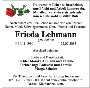 Traueranzeige von Frieda Lehmann von Super Sonntag Dessau / Köthen