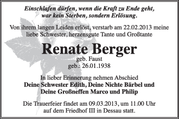 Traueranzeige von Renate Berger von Super Sonntag Dessau / Köthen