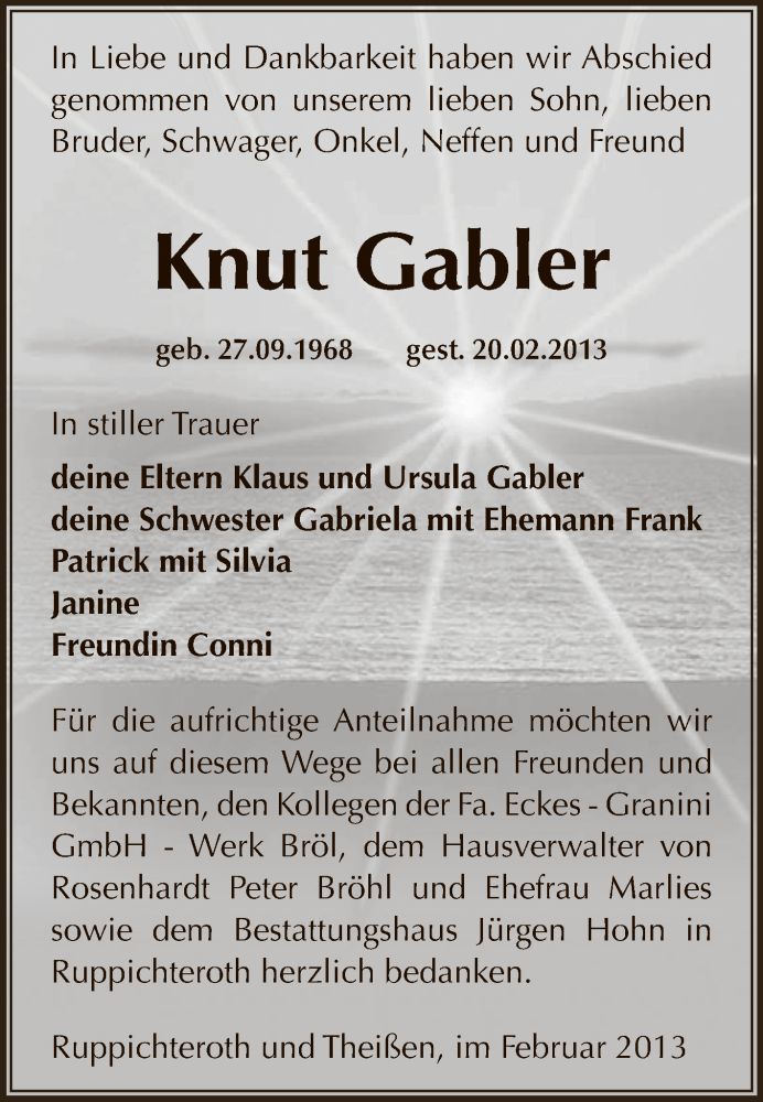 Traueranzeige für Knut Gabler vom 03.03.2013 aus Super Sonntag Zeitz