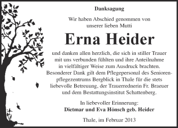 Traueranzeige von Erna Heider von Super Sonntag Quedlinburg