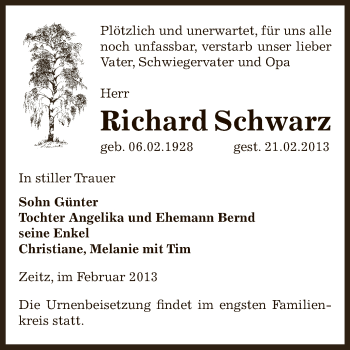 Traueranzeige von Richard Schwarz von Super Sonntag Zeitz