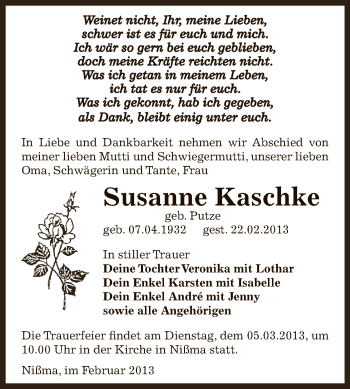 Traueranzeige von Susanne Kaschke von Super Sonntag Zeitz
