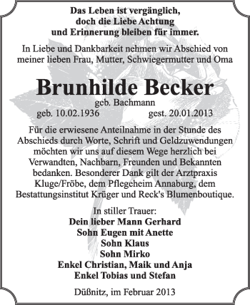 Traueranzeige von Brunhilde Becker von Super Sonntag Wittenberg