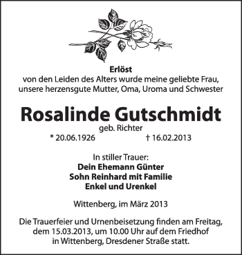 Traueranzeige von Rosalinde Gutschmidt von WVG - Wochenspiegel Wittenberg