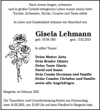 Traueranzeige von Gisela Lehmann von WVG - Wochenspiegel Wittenberg