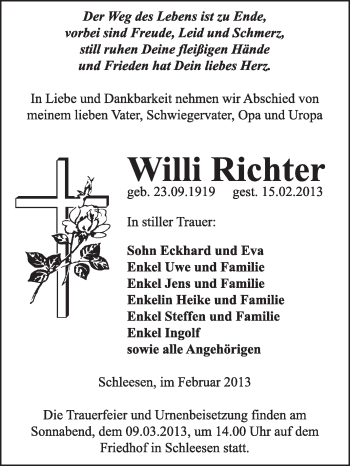 Traueranzeige von Willi Richter von WVG - Wochenspiegel Wittenberg