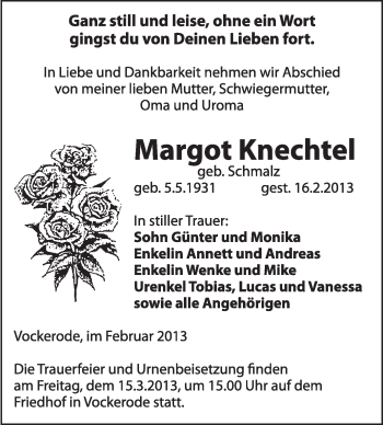 Traueranzeige von Margot Knechtel von WVG - Wochenspiegel Wittenberg