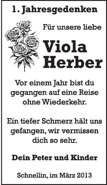 Traueranzeige von Viola Herber von Super Sonntag Wittenberg