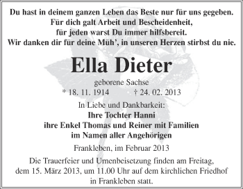 Traueranzeige von Ella Dieter von Super Sonntag Merseburg