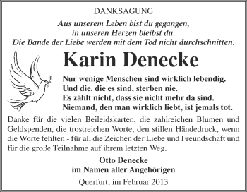 Traueranzeige von Karin Denecke von WVG - Wochenspiegel Merseburg