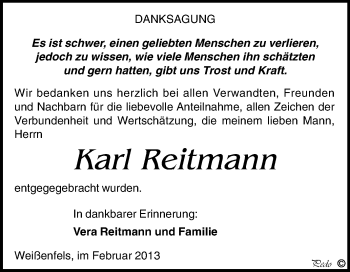 Traueranzeige von Karl Reitmann von WVG - Wochenspiegel NMB / WSF / ZTZ