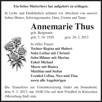 Traueranzeige von Annemarie Thus von Super Sonntag Merseburg