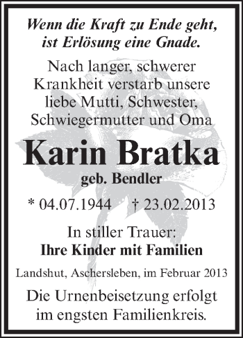 Traueranzeige von Karin Bratka von WVG - Wochenspiegel Aschersleben