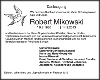 Traueranzeige von Robert Mikowski von Super Sonntag Wittenberg