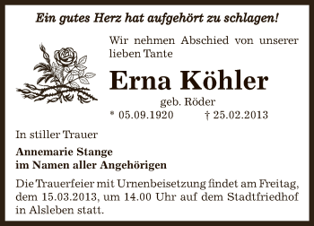 Traueranzeige von Erna Köhler von Super Sonntag Bernburg