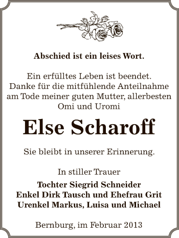 Traueranzeige von Else Scharoff von Super Sonntag Bernburg