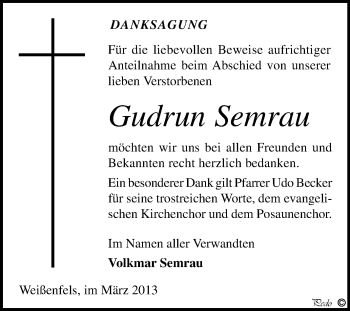 Traueranzeige von Gudrun Semrau von WVG - Wochenspiegel NMB / WSF / ZTZ
