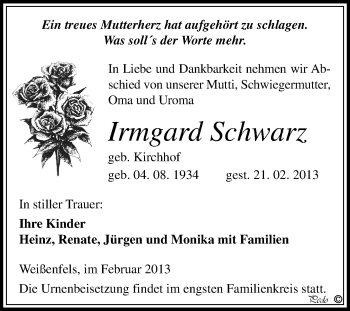 Traueranzeige von Irmgard Schwarz von WVG - Wochenspiegel NMB / WSF / ZTZ