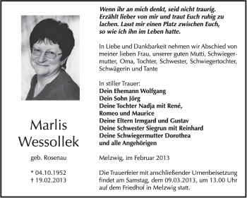 Traueranzeige von Marlis Wessollek von WVG - Wochenspiegel Wittenberg