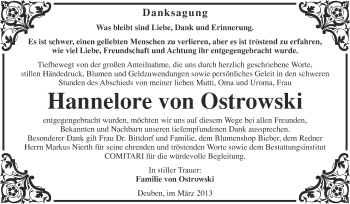 Traueranzeige von Hannelore von Ostrowski von WVG - Wochenspiegel NMB / WSF / ZTZ