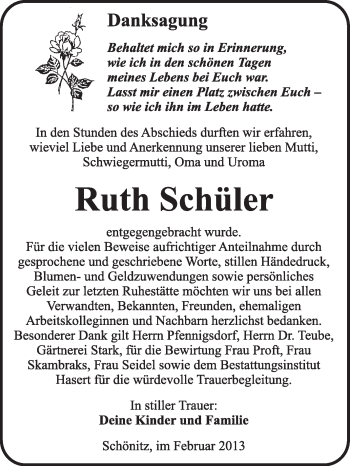 Traueranzeige von Ruth Schüler von Super Sonntag Wittenberg
